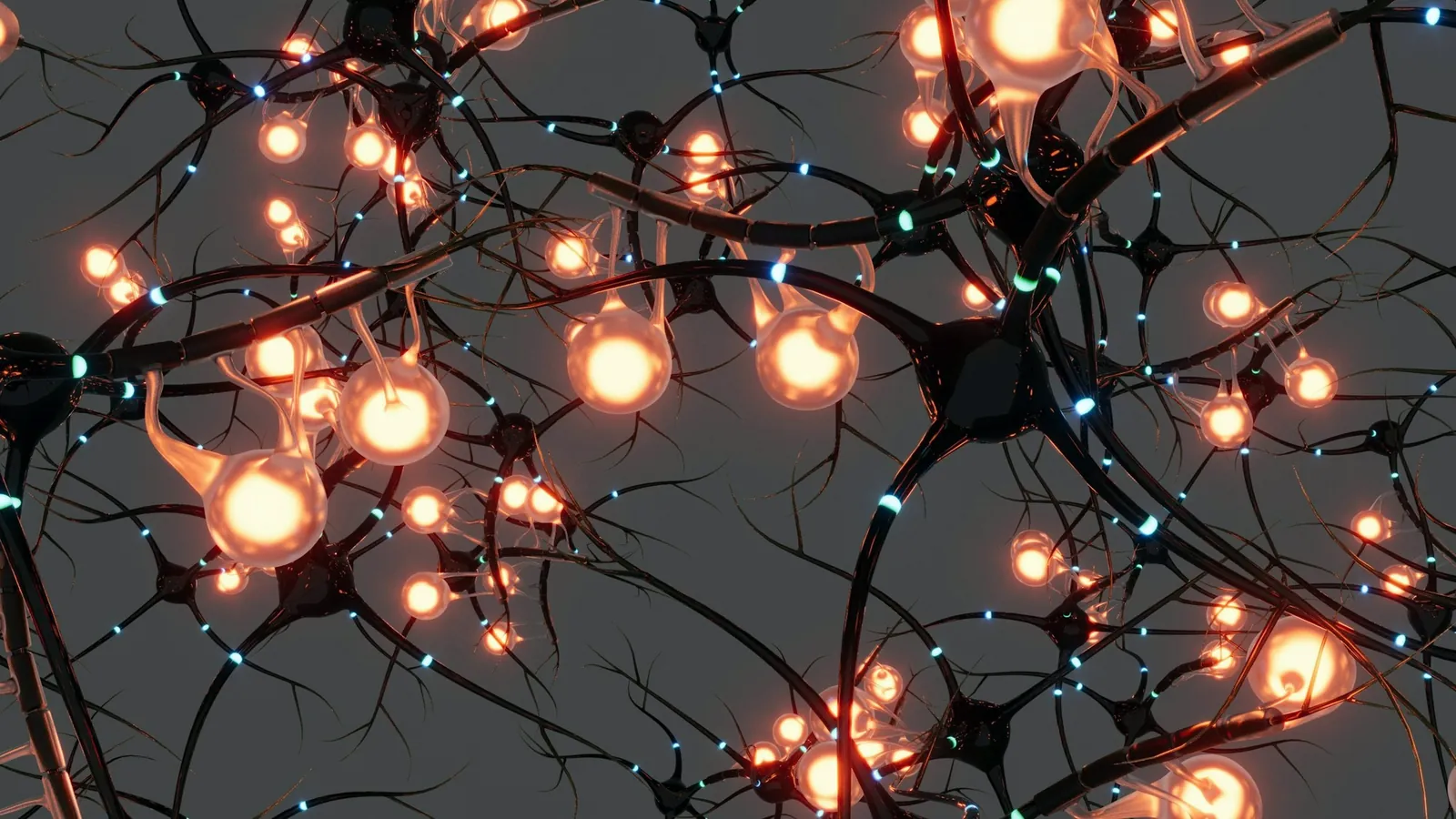 Réseau de neurones éclairé par des points orange sur fond sombre